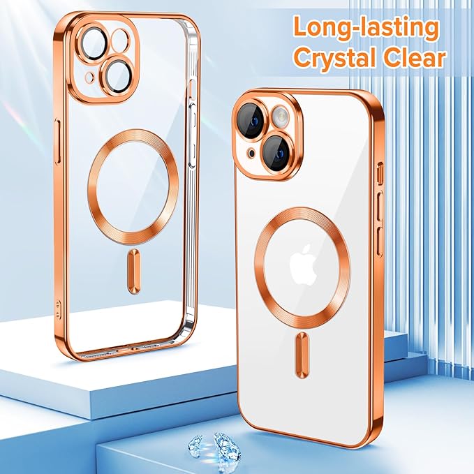Hython Magnetic Clear for iPhone 14 Plus Case with Camera Lens Protector [Compatible with MagSafe] Luxury Plating Edge Slim Soft TPU Cover Protective Phone Case for iPhone 14 Plus 6.7", Orange