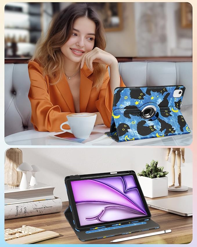 Kidcube for iPad Air 13 Inch Case (M3/M2)/for iPad Pro 12.9 Cases 6th/5th (2022/2021) - Women Girls Cute Rotating Stand Folio Cover with Pencil Holder & Card Slot Design Girly Cat Stars Blue Cover