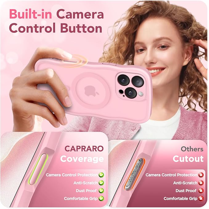 CAPRARO for iPhone 16 Pro Case for Women Girls, Upgraded [Full Camera Protection] [Compatible with MagSafe] Cute Wave Translucent Matte Phone Case for iPhone 16 Pro, Peach Pink