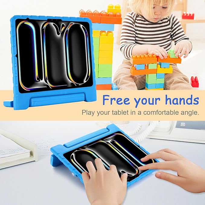 Kids Case for iPad Pro 13" 2025 (M5) 2024 (M4) & iPad Air 13" M4 M3 M2 Shockproof Case with Pencil Holder, Techcircle Handle Stand Light EVA Foam Bumper Protective Rugged Child Proof Cover, Blue