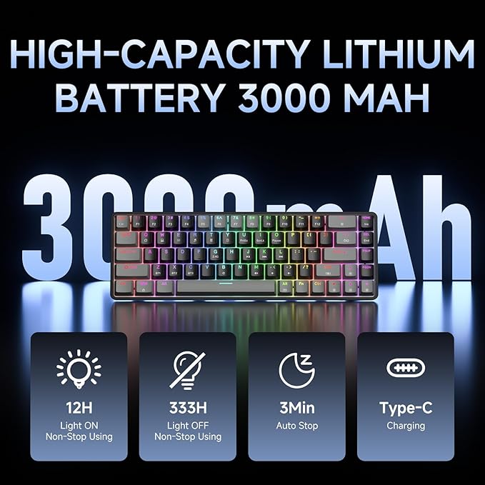 DIERYA DK68 60% Wireless Mechanical Gaming Keyboard, 3 Modes Bluetooth/2.4G/USB-C with Clicky Blue Switch, RGB Backlit, Anti-Ghosting, 68-Key Compact mini Keyboard for Windows/macOS/Linux- Grey/Black