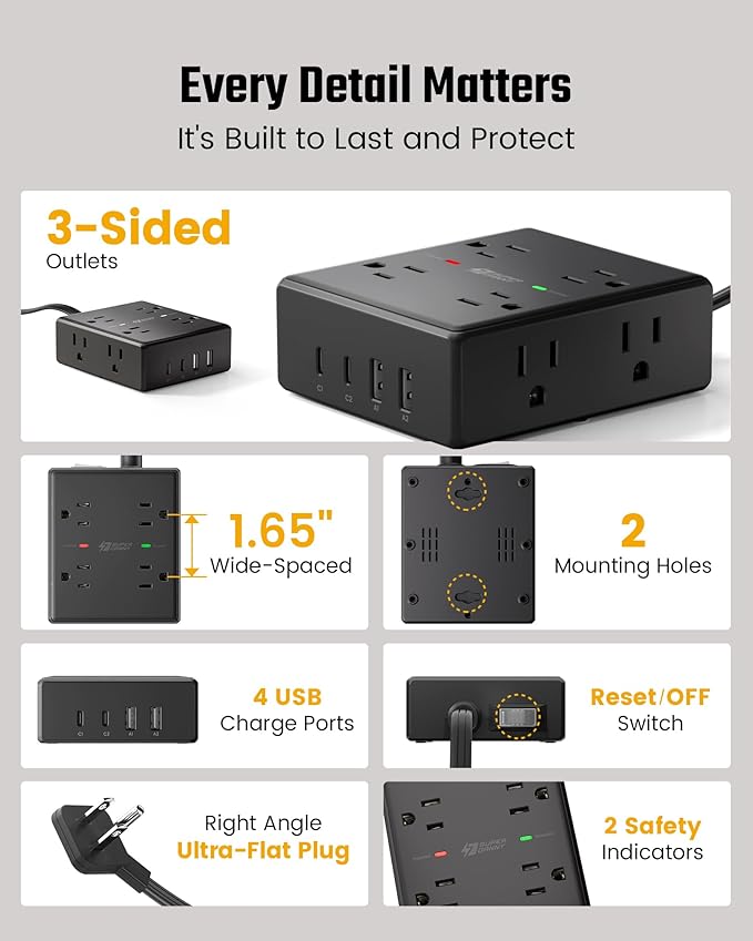 15Ft Extension Cord with Multiple Outlets, Flat Plug Power Strip Surge Protector with 15 Ft Long Cord, 8 Outlet 4 USB Ports (2 USB C), Desk Charging Station for Home Office, College Dorm Room