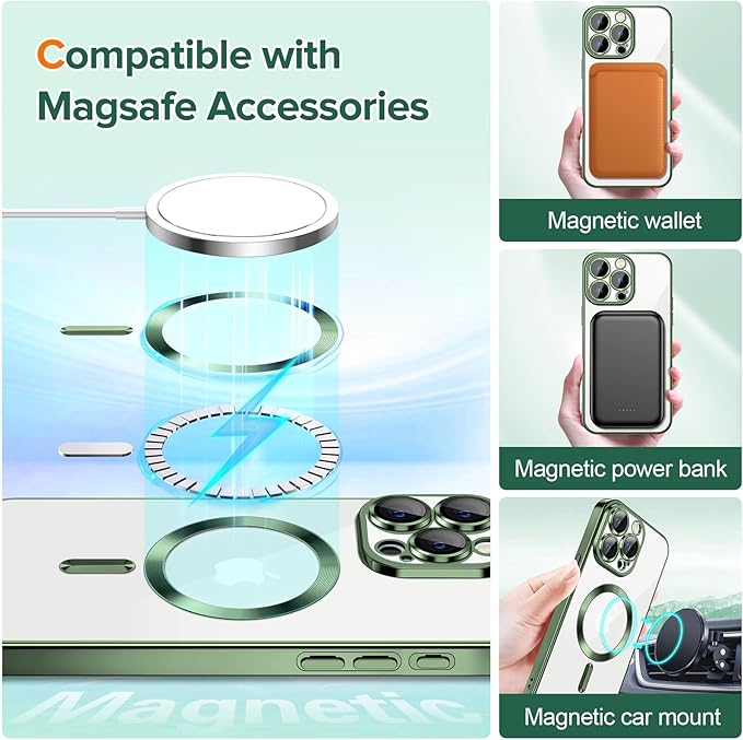 Hython Magnetic Clear for iPhone 15 Pro Max Case with Camera Lens Protector [Compatible with MagSafe] Plating Edge Slim Soft TPU Cover Protective Phone Case for iPhone 15 Pro Max 6.7", Deep Green