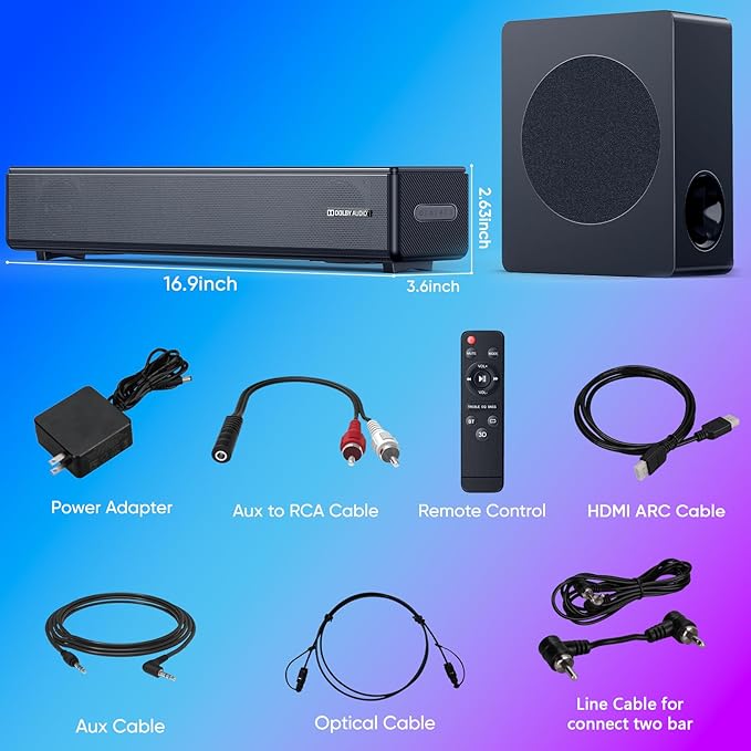 GEOYEAO 2.1 ch Soundbar with subwoofer, Dolby Digital 100W Sound Bars TV Speaker Home Theater Audio Surround Sound System, HDMI eARC/Bluetooth/DSP/Remote Control External Speakers for Smart TVs