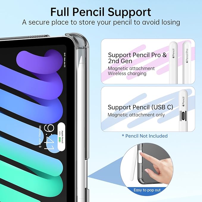 MoKo for iPad mini 7 A17 Pro Case 2024, iPad mini 6th Generation Case 8.3 Inch 2021 with Pencil Holder, Slim Light Trifold Smart Protective Cover with Hard PC Translucent Back Shell, Black