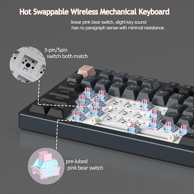 MageGee LIGHT75 Wireless Creamy Keyboard, Tri-Mode Bluetooth/2.4GHz/USB-C RGB Backlit, Gasket Hot Swappable Custom Gaming Keyboard for Win/Mac/PC, with Knob, 4000mAh Battery, Grey