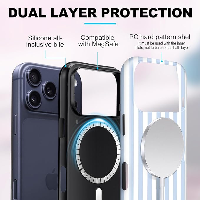 Magnetic for iPhone 17 Pro Case Cute Stripes Phone Case, Shockproof Slim TPU and Hard PC Protective Phone Cover Compatible with MagSafe Designed for Women Girls, Blue and White