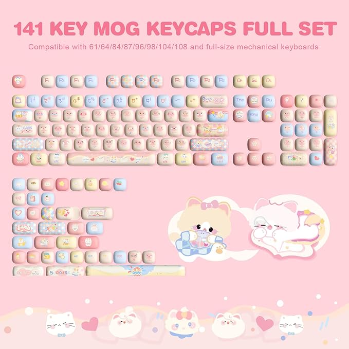 YUNZII Cute Pink Kitten Custom Keycaps, 141 Keys Dye Sub PBT MOG Profile Keycap Set for Mechanical Gaming Keyboards (Pink Kitten)