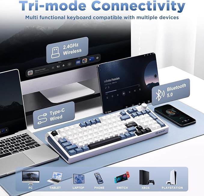 K98 Wireless Mechanical Keyboard,Tri-Mode BT5.0/2.4GHz/USB-C Hot Swappable Custom Keyboard,Gasket Structure,RGB Backlit Gaming Keyboard for Win & Mac(White&Blue,Cocoa-V2 Switch)