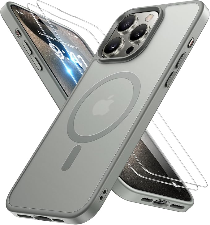 Miracase Magnetic for iPhone 15 Pro Case 6.1 inch (Compatible with MagSafe)（with 2X Screen Protectors）Military-Grade Protection, Anti-Fingerprint Translucent Matte Phone Cover, Gray