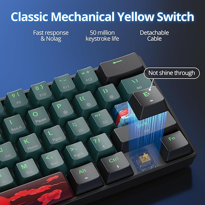 Fogruaden Wireless Gaming Keyboard, 60% Percent Mechanical Keyboard Wireless, Hot-Swappable Yellow Switch, RGB Wired/Bluetooth Keyboards for Win/Mac, 61 Keys NKRO (Soundwave)