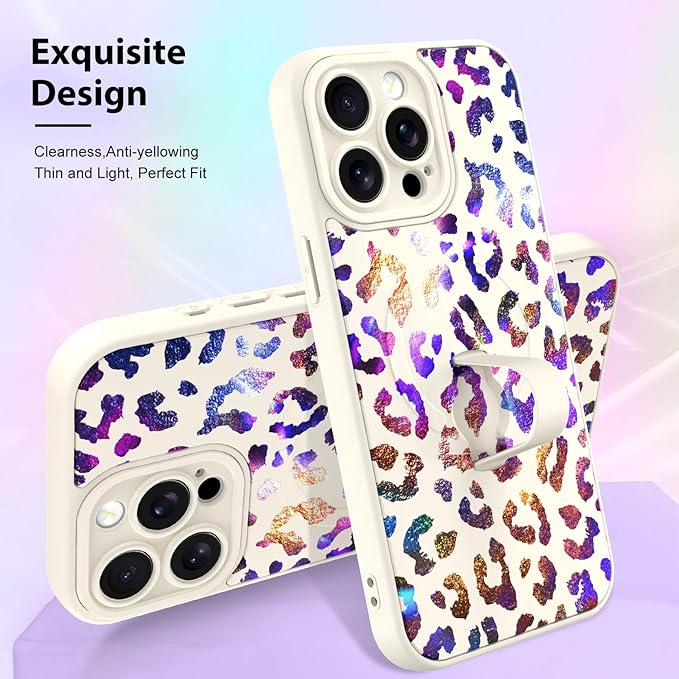 KANGHAR Compatible with iPhone 15 Pro Max Case, Support for MagSafe, Silicone Cute Iridescent Leopard Cheetah Pattern, Wristband Kickstand Shockproof Protective Slim Cover for Women Girls, White