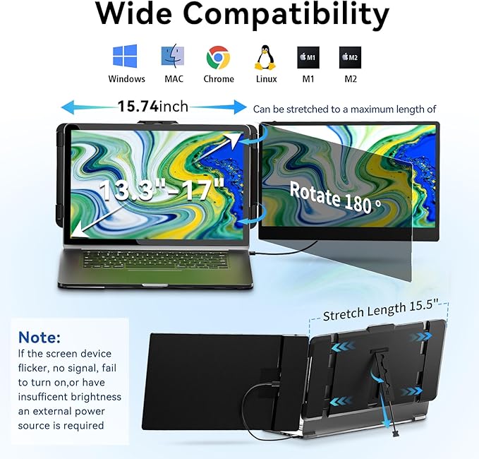 Laptop Screen Extender - 14 inch 1080P FHD Dual Monitor for 13"-17" Laptops Travel Work Portable Extended Monitor Compatible with Windows Mac