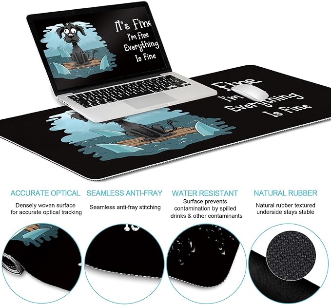 LIMKRIAN Funny Dog Mouse Pad Set Large Desk Mat With Wrist Rest for Gaming, Ergonomic Mousepad, Keyboard Mat, Cup Coaster Set, Office Accessories - It's Fine