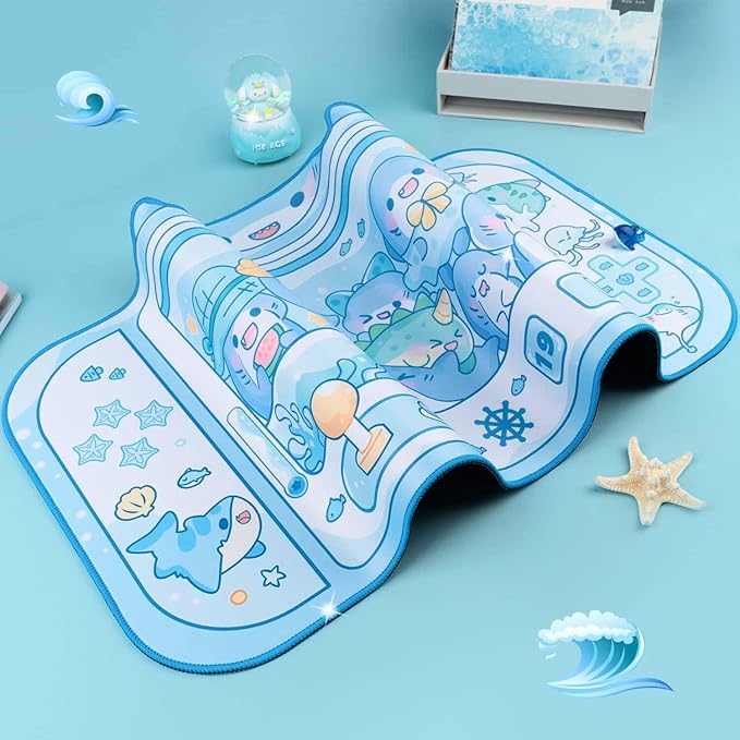 BelugaDesign Shark Desk Pad | Cute Pastel Large Mouse Pad | Cutecore Ocean Switch Anime Keyboard Gaming Mousepad | Machine Washable Nonslip Desk Blotter Protector for Kids Teens and Women (Blue White)
