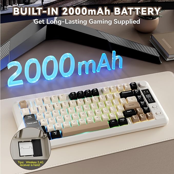 ZIYOU LANG M75 Wireless Gaming Keyboard, RGB Backlit Rechargeable 2000mAh Battery, Small Membrane But Mechanical Feel Keyboard with Smart Display & Knob, PBT Gradient keycaps for PC, MAC - Cheese