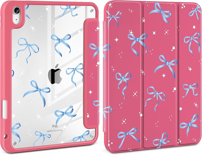 Case for iPad Air 13 inch 2026 M4 2025 M3 2024 M2 Release Slim Lightweight Shockproof Cute Hot Pink Cover with Clear Back TPU Edge Pencil Holder Trifold Stand Auto Wake Sleep, Ribbons