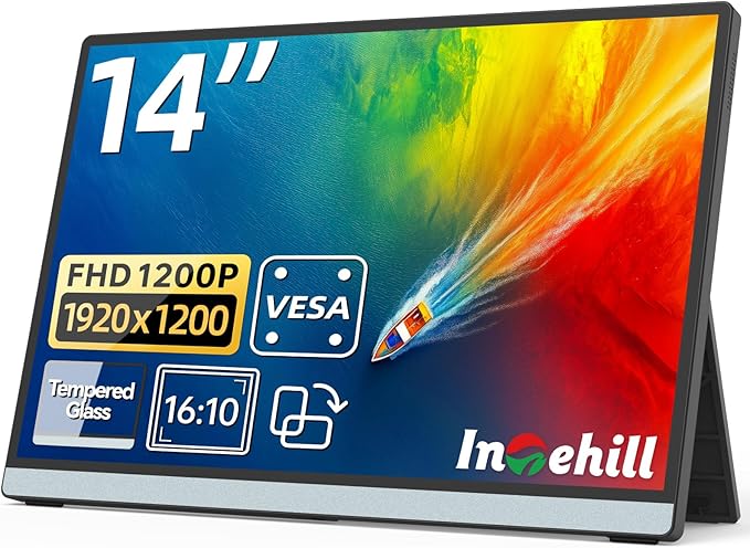 Intehill 14" Portable Monitor, 1200P Self-Standing Portable Screen with Full Laminated Tempered Glass, 16:10 USB-C HDMI External Display with Speakers, Travel Monitor Second Screen for Laptop, F14ZA