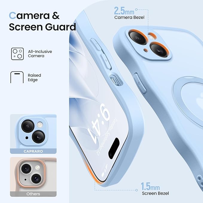 CAPRARO for iPhone 15 Case with 360° Spin Magnetic Stand for Women, [Compatible with MagSafe] [Full Camera Protection] Cute Wave Translucent Matte Case for iPhone 15, Sky Blue