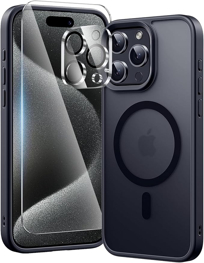 toushion 3 in 1 for iPhone 15 Pro Case with MagSafe, Screen Protector*1 Camera Lens Protector*1,Skin Feeling Back Cover Military-Grade Protection for iPhone 15 Pro Phone Case 6.1 inch Matte Black