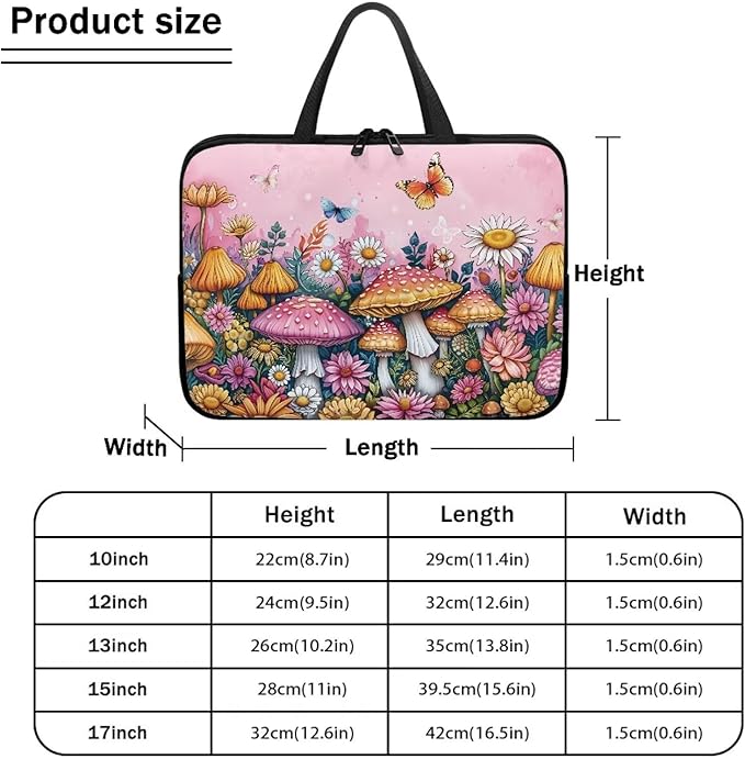 15 Inch Mushroom Butterfly Laptop Sleeve Cover Computer Bag Tablet Carrying Case with Handle, Water-Repellent Tote Bags Notebook Sleeves Handbag Messenger Briefcase Shoulder Bag