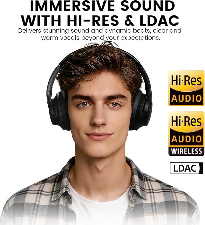 1Mii Y8+ Hybrid Active Noise Cancelling Headphones, 100H Playtime, Bluetooth 6.0 Over Ear LDAC Wireless Hi-Res Audio & Deep Bass, Comfortable for Travel Airplane Home Office, Custom EQ via App, Black