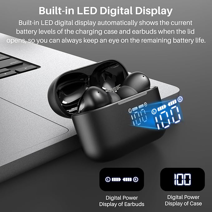 TOZO T20 Wireless Earbuds Bluetooth Headphones 48.5 Hrs Playtime with LED Digital Display, IPX8 Waterproof, Dual Mic Call Noise Cancelling 10mm Broad Range Speakers, New Version
