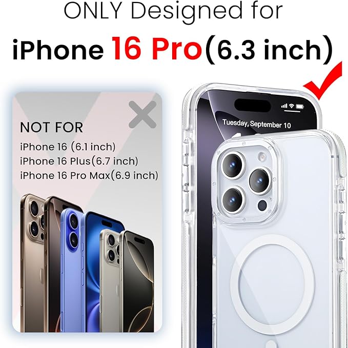 toushion 3 in 1 for iPhone 16 Pro Case Clear with MagSafe, Yellowing-Resistant Acrylic Back, Shockproof Guard Corners, Military-Grade Protection for iPhone 16 Pro Phone Case 6.3 inch Clear Bumper