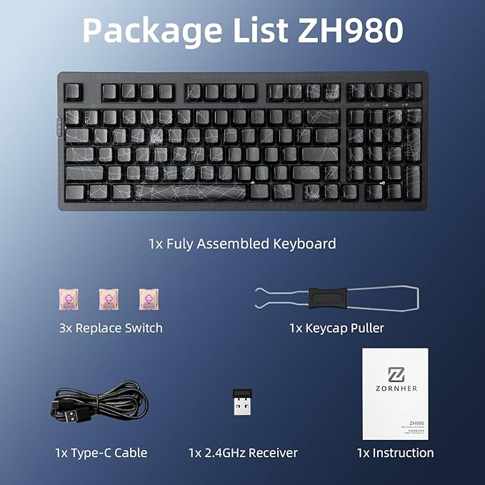 ZORNHER ZH980 Mechanical Keyboard Wireless,95% Creamy Keyboard with Number Pad,Gaming Keyboard with Number Pad,Shine Through Spider Web PC,Creamy Sounding Linear Switches,Full Size