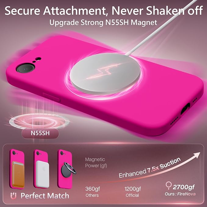 FireNova Magnetic for iPhone 17e Case/iPhone 16e Case, Compatible with MagSafe, [Silicone Camera Protection] Microfiber Lining Phone Case, 6.1", Hot Pink