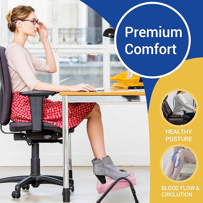 FUSLITE Foot Rest for Under Desk at Work, Ergonomic Foot Rest for Office Use, Adjustable Heights, Relieving Pain in Lower Back, Hip, Knee (Leather Pink)