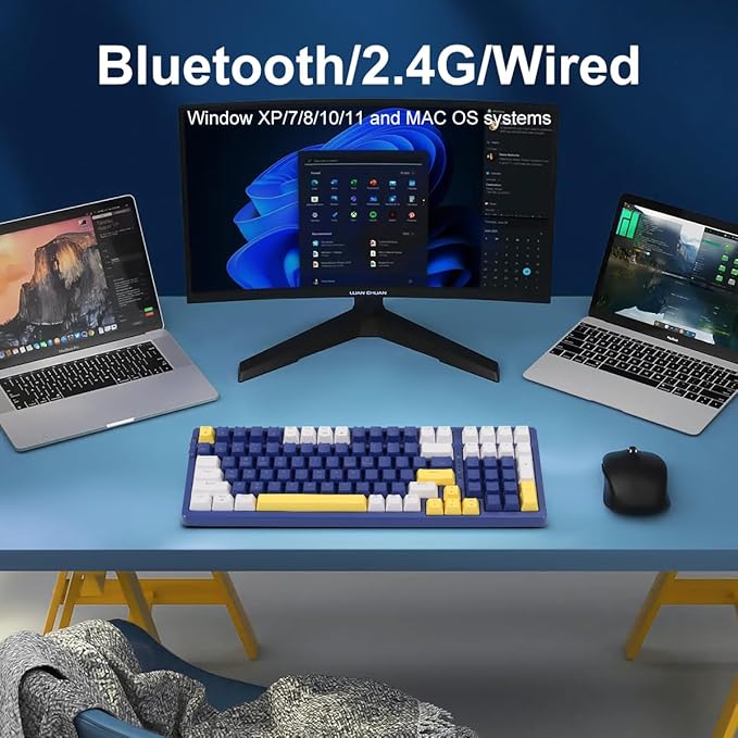 Merdia Wireless Mechanical Keyboard, Triple Mode 2.4G/USB-C/BT Gaming Keyboards 100 Keys Ice-Blue Backlit, Brown Switch Keyboard | Rechargeable Mechanical Gaming Keyboards | Blue/White/Yellow