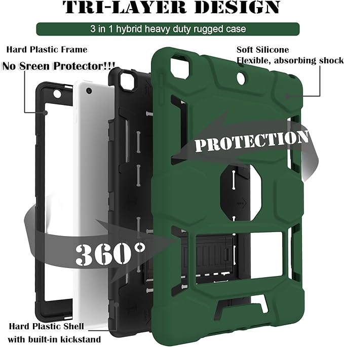 CCMAO for iPad 9th Generation Case, iPad 8th 7th Generation Case, iPad 10.2 Inch 2021/2020/2019 Case, Heavy Duty Rugged Shockproof Protective Cover with Kickstand, Dark Green+Black