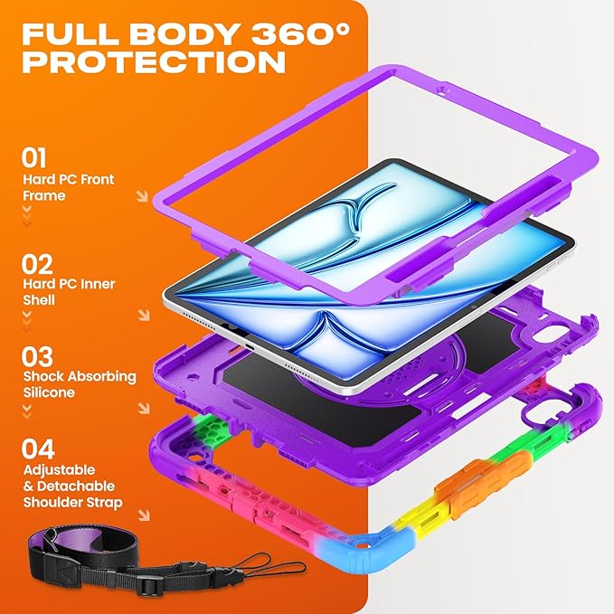 SEYMAC stock Case for iPad Air 11-inch M4-M2 2026-2024 (Gen 8-6), Shockproof Heavy Duty Case with Screen Protector, Pencil Holder, Rotating Stand, Hand Strap, Shoulder Strap, Purple