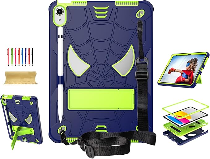 Dteck for iPad Air (3rd Generation) 2019/iPad Pro (2017 Release) Hard Case 10.5" with Kickstand, Shoulder Strap/Screen Protector Film/Stylus Included, Shockproof Cute Spider Kid's Cover, Blue/Green