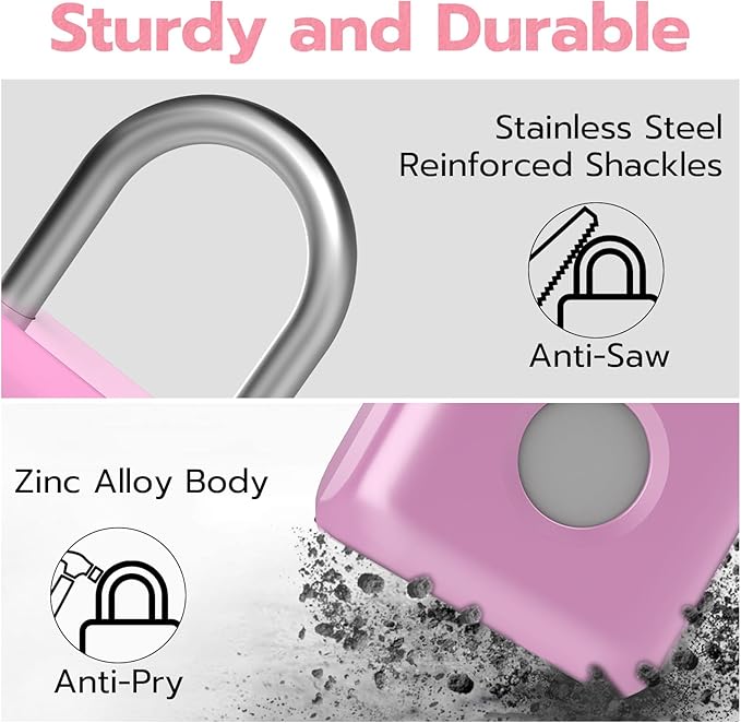 Fingerprint Padlock eLinkSmart Gym Locker Lock for Girls Women with Phone App iOS Watch Metal Keyless Combination Locks for School Sports Locker Toolbox Hasp Storage Pink