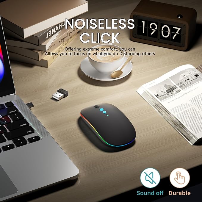 Halpilt LED Wireless Mouse A100S Rechargeable Portable Silent Mouse with Optional USB and Type-C Receiver 3-Speed Adjustable DPI for PC/Mac/Laptop (Frosted Black)
