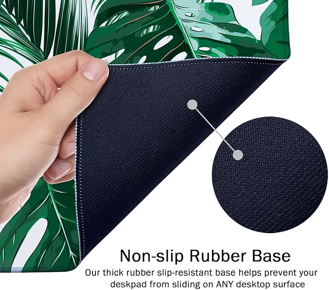 SSOIU Extended Gaming Mouse Pad (35.5x15.7 in), Large Stable Rubber Base Mousepad with Stitched Edges, Keyboard Mouse Mat Desk Pad for Work, Game, Office, Home - Tropical Palm Leaves