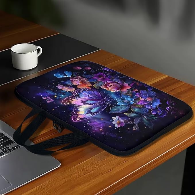 Purple Butterfly Floral 15 Inch Laptop Sleeve, Protector Laptop Case Tote Bag, Women Computer Cover with Zipper Work Travel Handbag Tablet Carrying Shoulder Bag for School Business