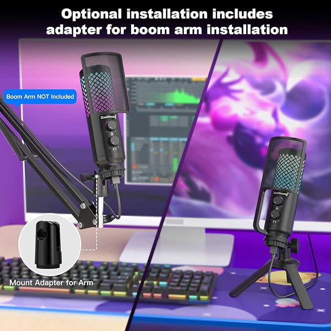 ZealSound Podcast Microphone for PC/Mac/iPhone/Phone – 96kHz/24bit USB Condenser Mic with Noise Reduction, Tap-to-Mute, Gain Control, Zero-Latency Monitor, RGB Light for Streaming, Gaming, Recording