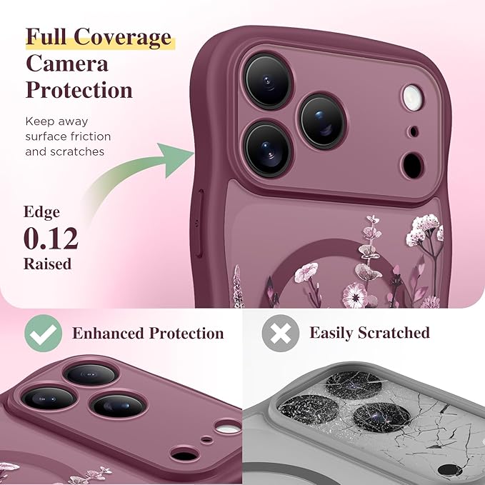 GVIEWIN for iPhone 17 Pro Case Compatible with MagSafe [Curly Wave Edge][Full Camera Protection] Floral Translucent Shockproof Magnetic Women Phone Case for iPhone 17 Pro 6.3'', Floratopia/Burgundy