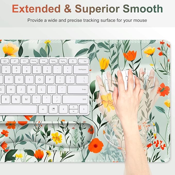 Large Gaming Mouse Pad Set, 4 in 1 Ergonomics Keyboard Desk Mat Memory Foam Wrist Rest, Computer PC Extended Game Mousepad, Non-Slip Desk Matt Easy Typing Pain Relief I Blooming Orange Florals