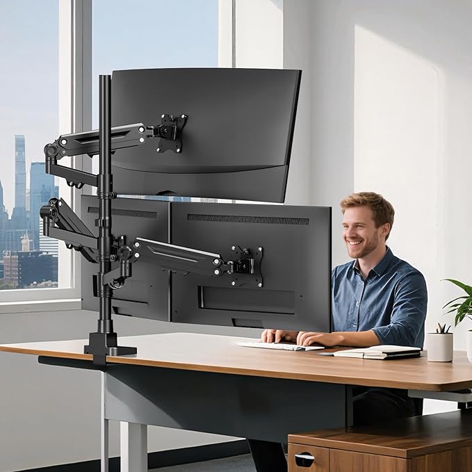 Triple Monitor Mount for up to 35-inch Screens – Heavy Duty Ultrawide Stand with Fully Adjustable, 12kg Gas Spring Arm (Each), VESA 75×75/100×100 mm, Black