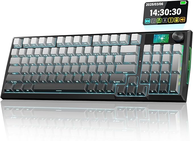 Redragon Wireless Mechanical Keyboard, Gasket RGB Gaming Keyboard with Screen & Knob, Tri-Mode BT5.0/2.4G/USB-C, 95 Keys Hot Swappable, Side Printed PBT Keycaps, Thick Pre-Lubed Linear Switch, K725SP