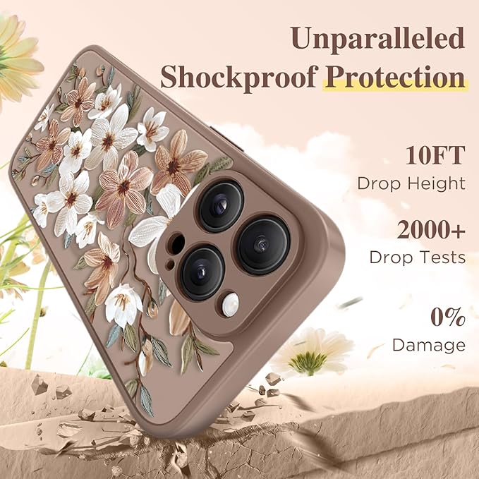 GVIEWIN for iPhone 15 Pro Case Compatible with MagSafe, [Military Grade Protection] [Screen Protector] Full Camera Protection Floral Translucent Women Magnetic Phone Case, Dogwood/Brown