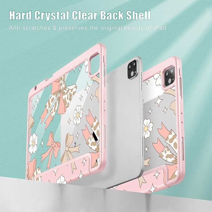 Tuiklol for iPad Pro 12.9 Inch 6th/5th/4th/3rd Generation 2022 2021 2020 2018 Case,Built-in Pencil Holder Clear Transparent Protective Back Shell Cover with Auto Sleep/Wake, Leopard Bow Gary