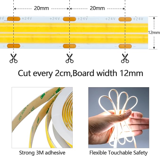 GOMING 32.8ft(10M) 24V Double Row COB LED Strip Light Cool White 6000K 6000LEDs CRI 93+ 20000lm Uniform Glow Dotless Not Waterproof IP20 Flexible LED Tape Lights for DIY Home Decor(No Power Supply)
