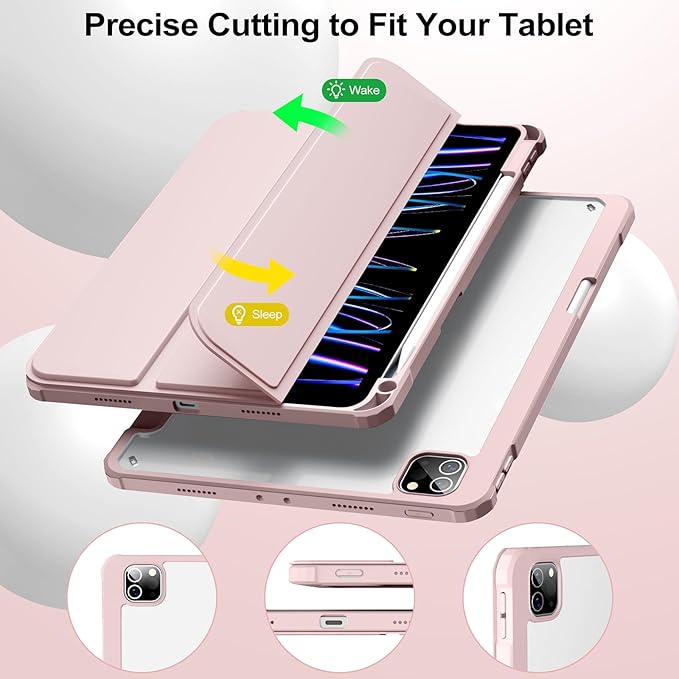 JKSML Case for iPad Pro 11, Case with Pencil Holder for iPad Pro 11 Inch 4th/3rd/2nd Generation 2022/2021/2020, Transparent Protective Cover for iPad Pro 11, Supports Pencil 2 Charging, Pink