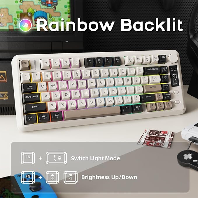 FREEWOLF M75 Wireless Gaming Keyboard Mechanical Feel Membrane with Knob & OLED Display Bluetooth/2.4Ghz Rainbow Backlit Gradient PBT Keycaps 2000mAH Battery Anti-Ghosting-Cheese