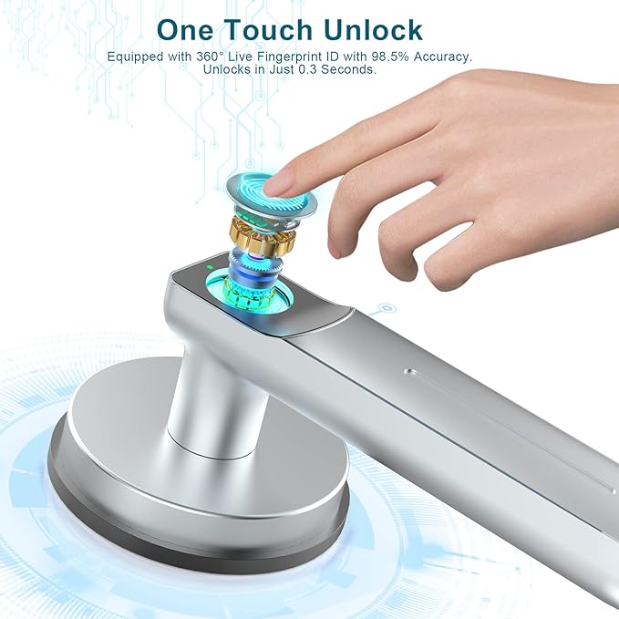 Foxgard Smart Fingerprint Door Lock,Keyless Entry Door knob with Handle,Biometric Door knob,Room Door Lock for Bedroom/Office (Silver)